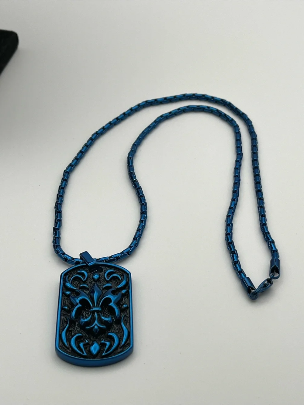 Unisex, 22” Stainless Steel Blue Filigree Dog Tag Necklace